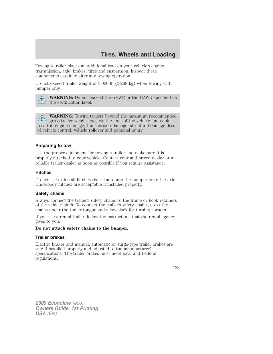 Preparing to tow, Hitches, Safety chains | Trailer brakes, Tires, wheels and loading | FORD 2009 E-450 v.1 User Manual | Page 183 / 321