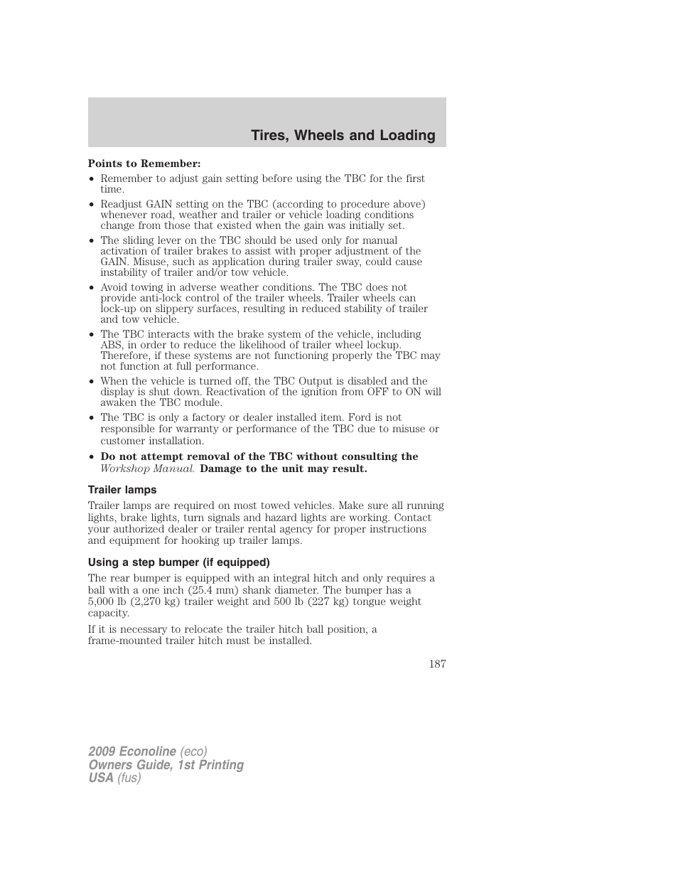 Trailer lamps, Using a step bumper (if equipped), Tires, wheels and loading | FORD 2009 E-450 v.1 User Manual | Page 187 / 321