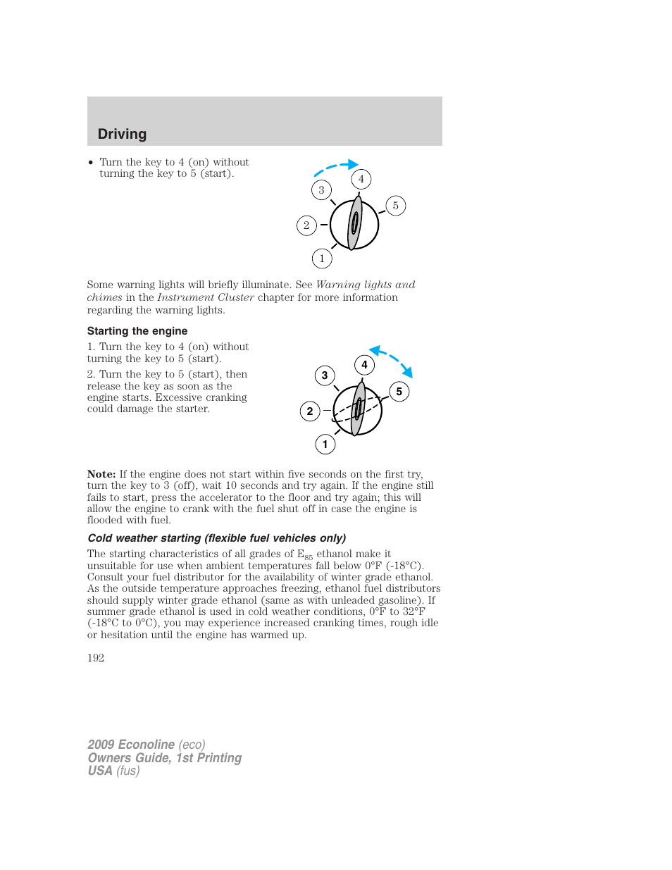 Starting the engine, Driving | FORD 2009 E-450 v.1 User Manual | Page 192 / 321