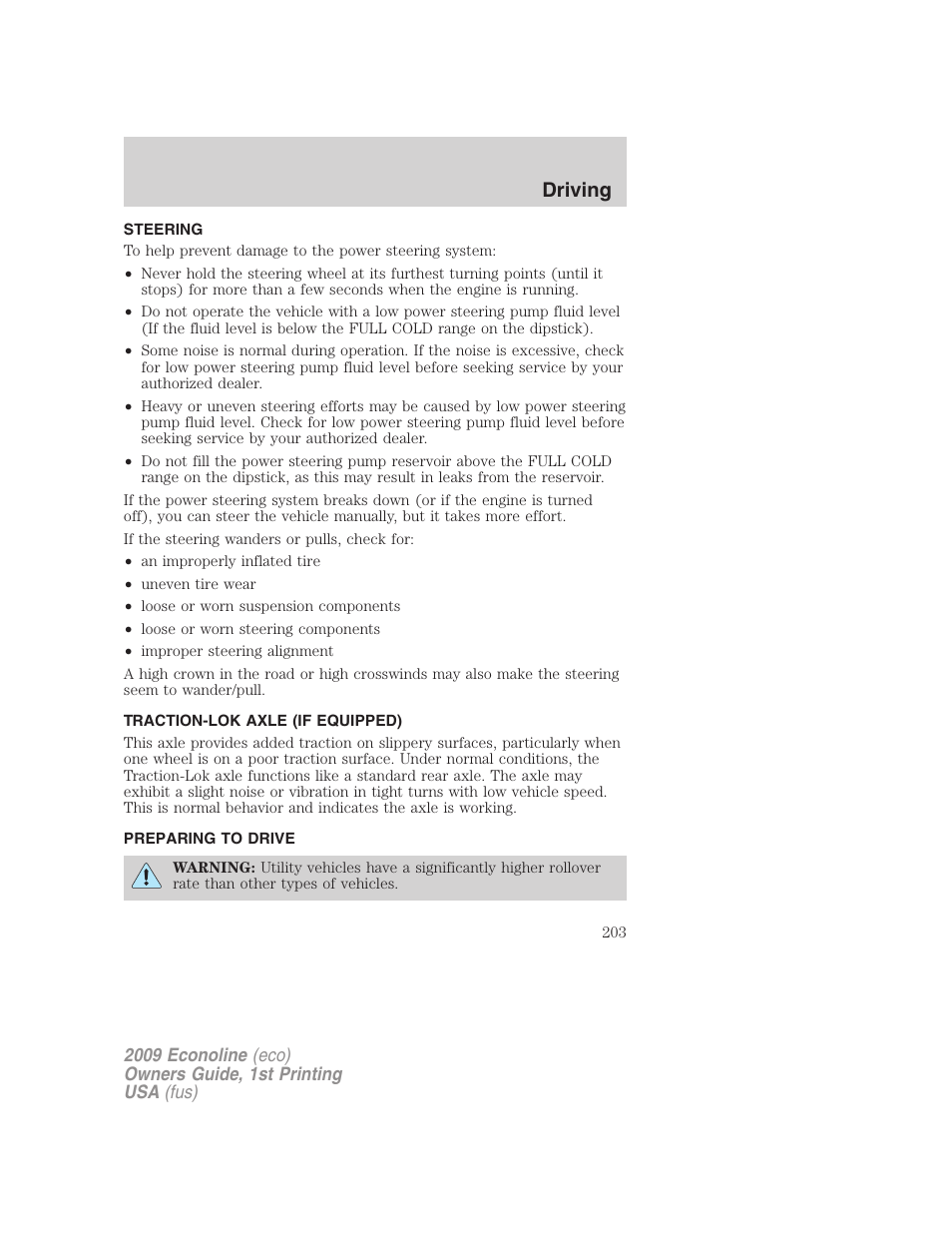 Steering, Traction-lok axle (if equipped), Preparing to drive | Driving | FORD 2009 E-450 v.1 User Manual | Page 203 / 321