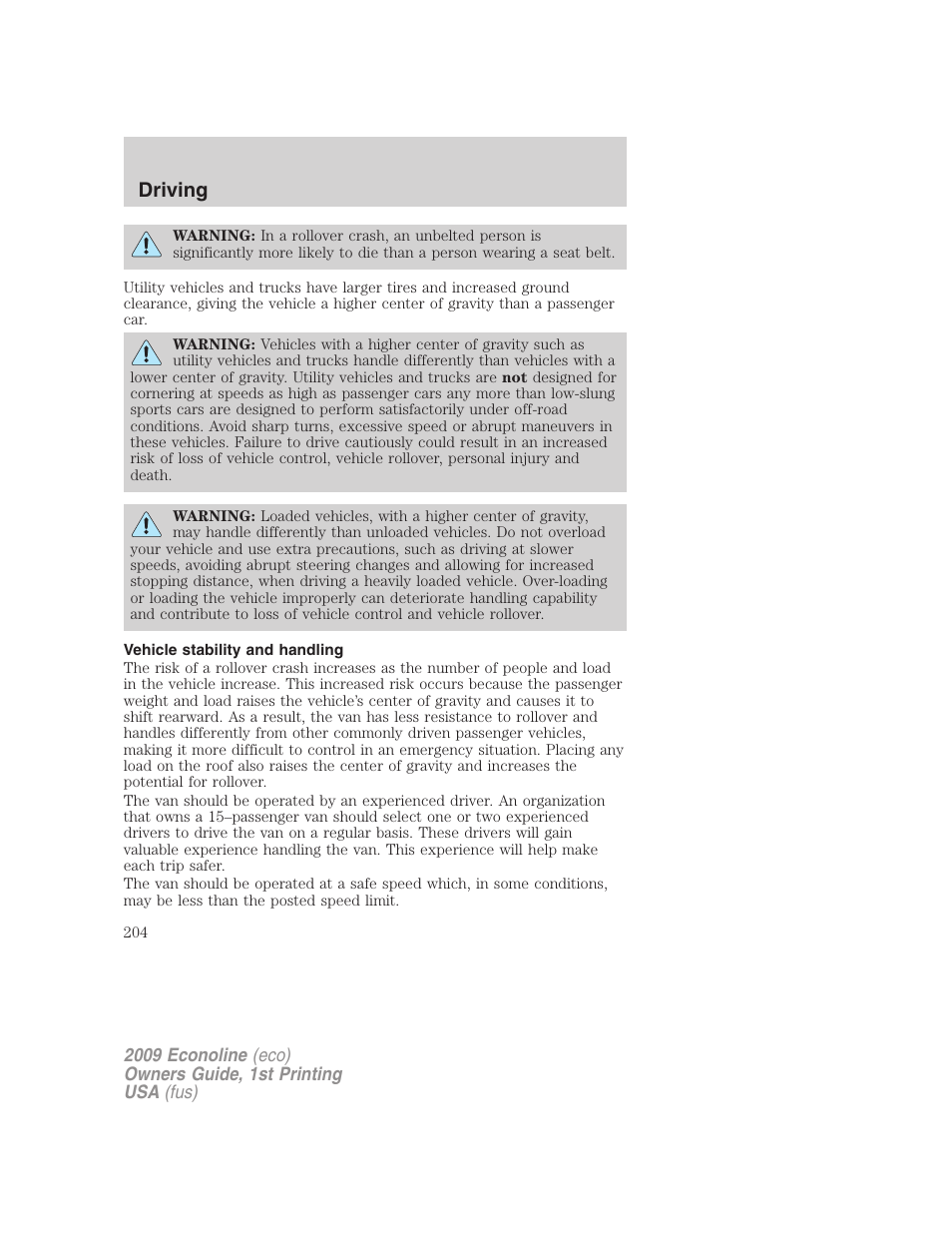 Vehicle stability and handling, Driving | FORD 2009 E-450 v.1 User Manual | Page 204 / 321