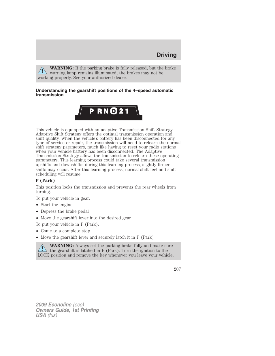 Driving | FORD 2009 E-450 v.1 User Manual | Page 207 / 321