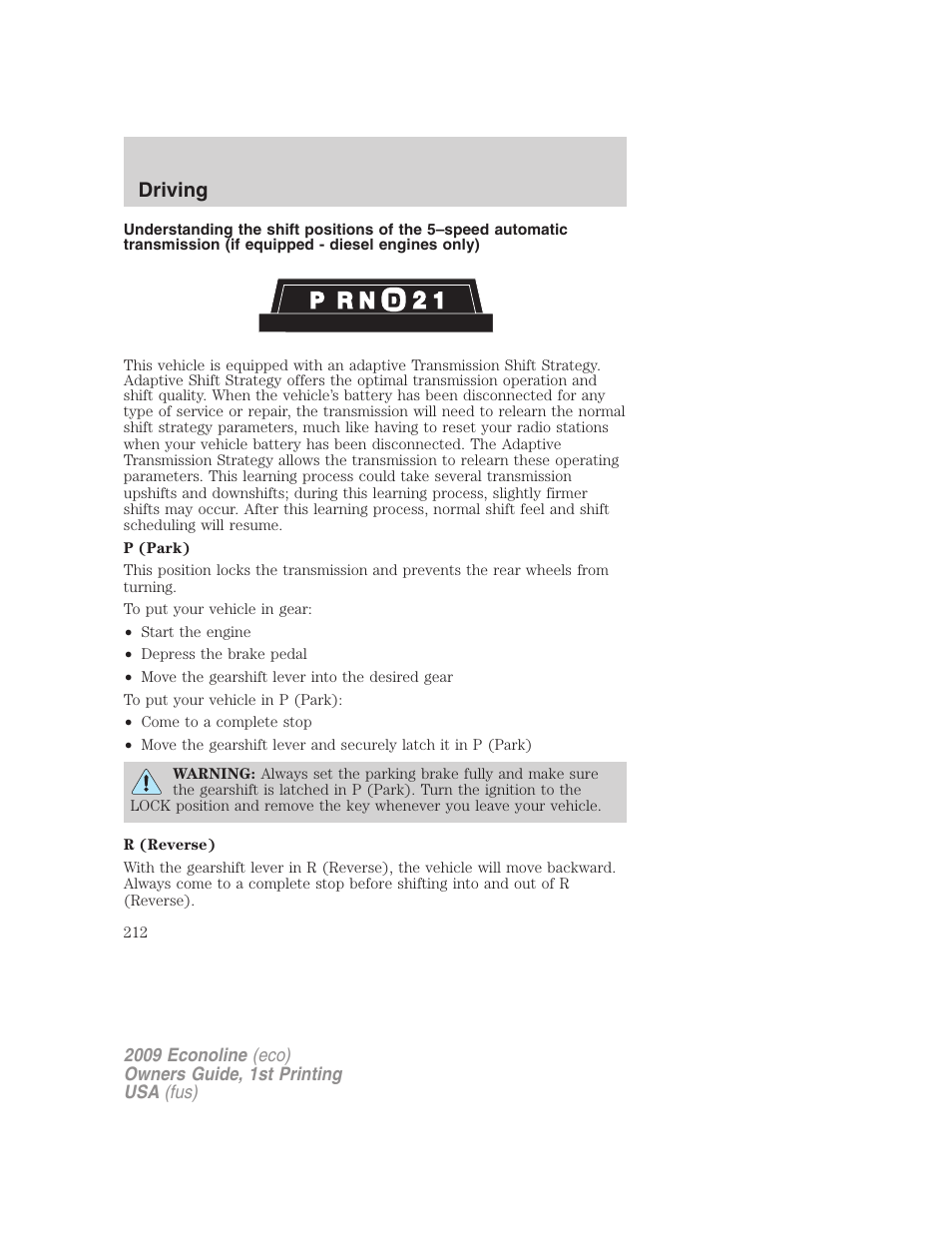 Driving | FORD 2009 E-450 v.1 User Manual | Page 212 / 321