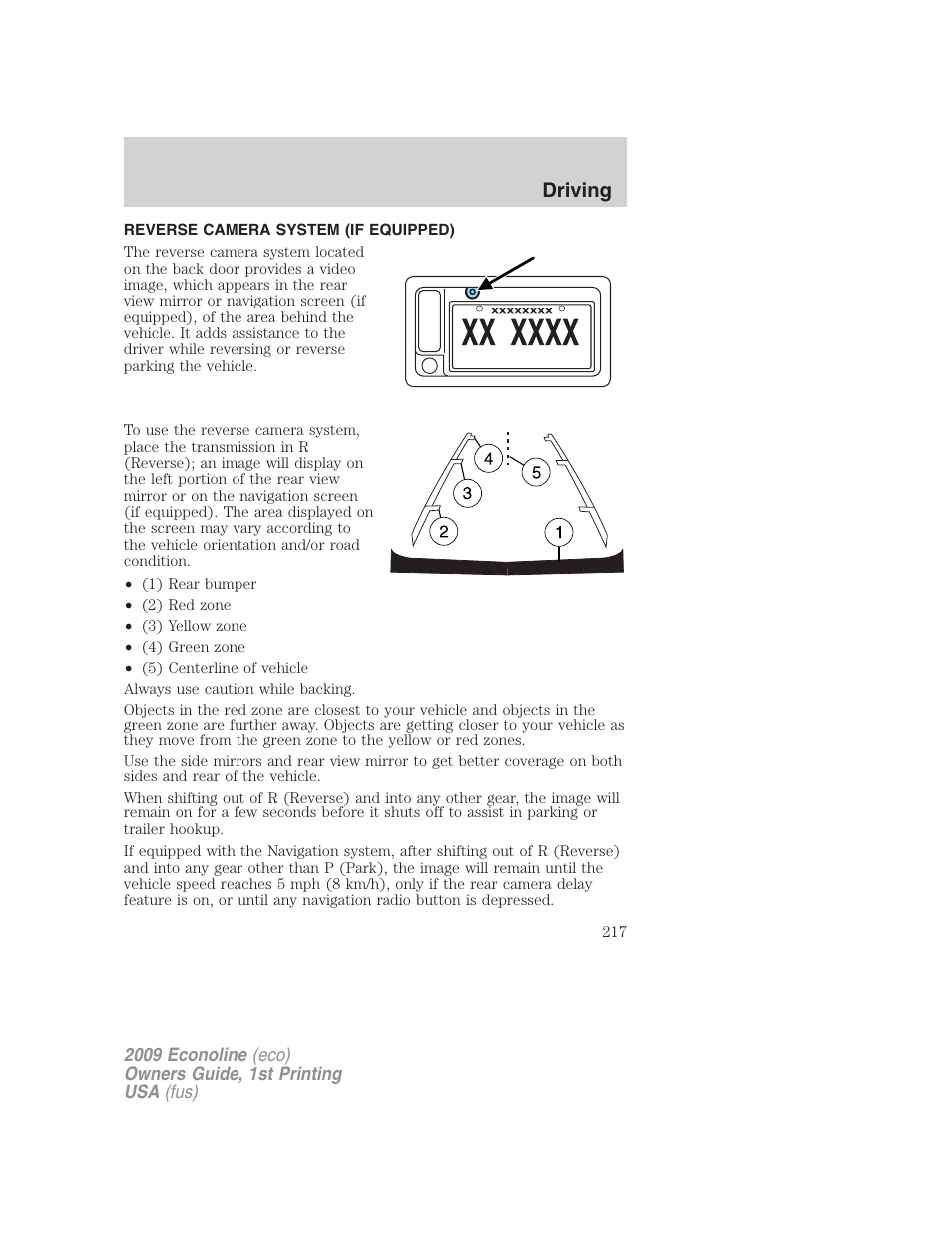 Reverse camera system (if equipped), Reverse camera, Driving | FORD 2009 E-450 v.1 User Manual | Page 217 / 321