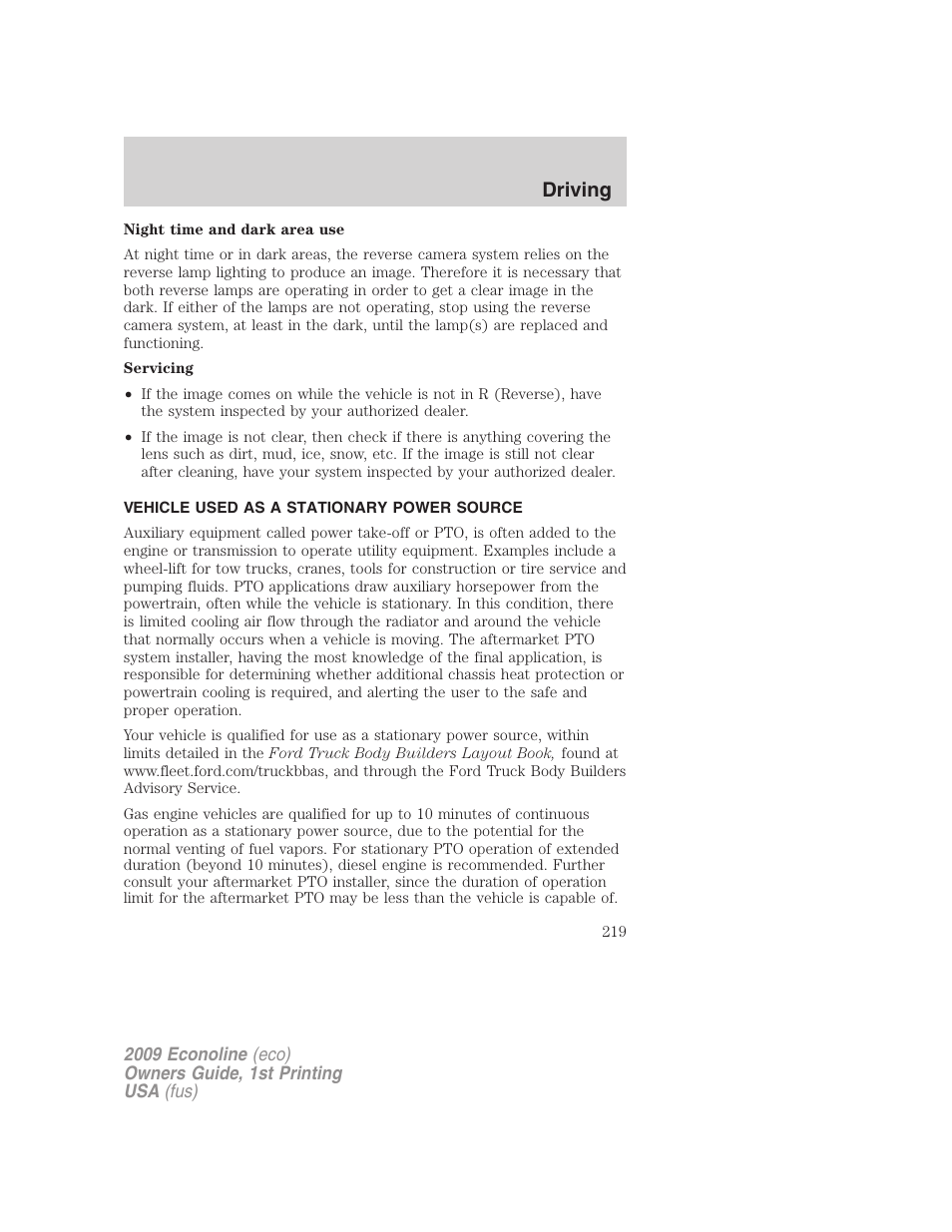 Vehicle used as a stationary power source, Driving | FORD 2009 E-450 v.1 User Manual | Page 219 / 321