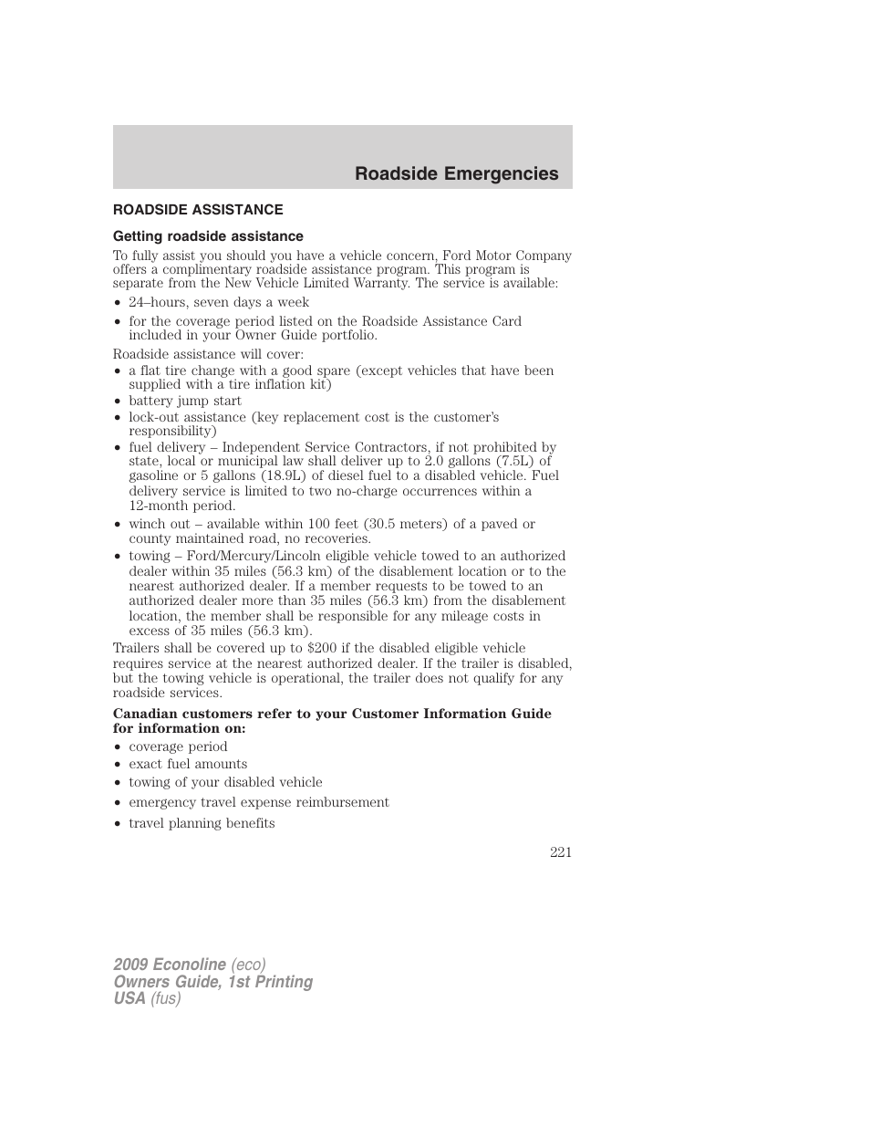 Roadside emergencies, Roadside assistance, Getting roadside assistance | FORD 2009 E-450 v.1 User Manual | Page 221 / 321