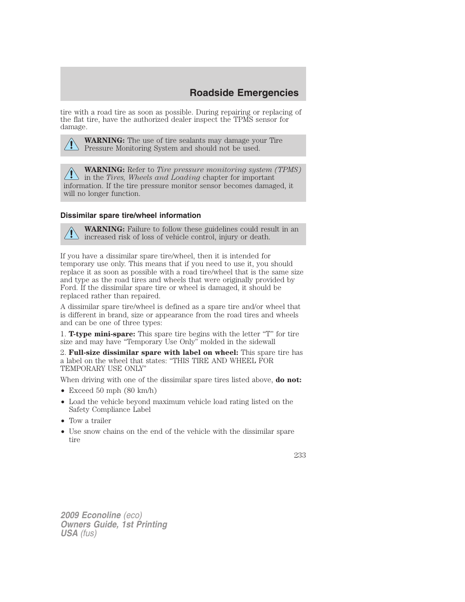 Dissimilar spare tire/wheel information, Roadside emergencies | FORD 2009 E-450 v.1 User Manual | Page 233 / 321