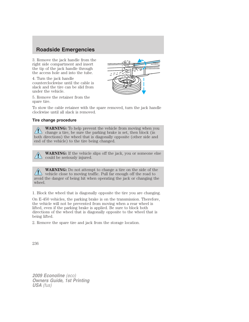 Tire change procedure, Roadside emergencies | FORD 2009 E-450 v.1 User Manual | Page 236 / 321