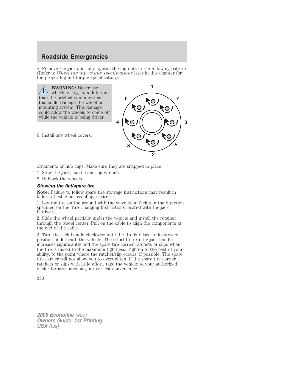 Stowing the flat/spare tire, Roadside emergencies | FORD 2009 E-450 v.1 User Manual | Page 240 / 321