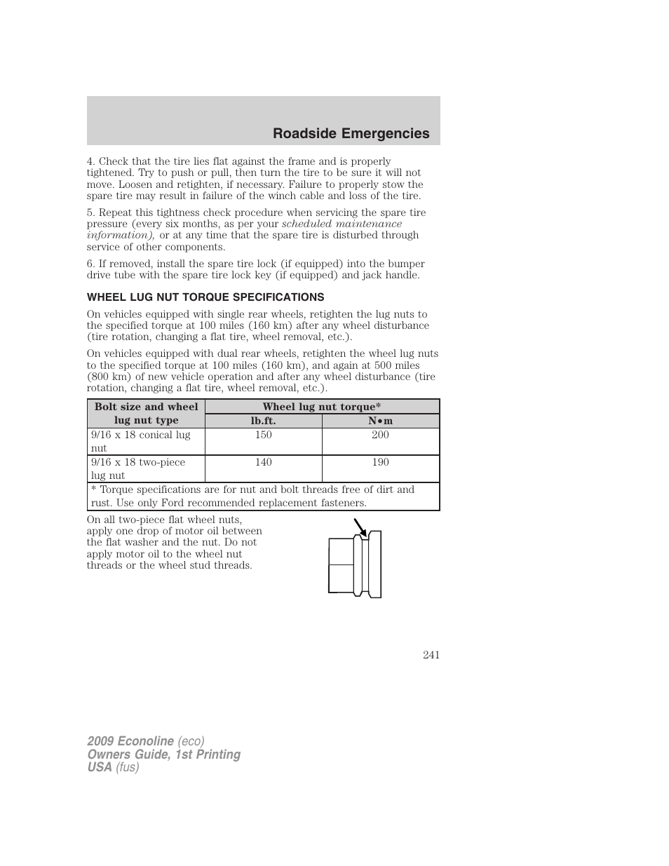 Wheel lug nut torque specifications, Wheel lug nut torque, Roadside emergencies | FORD 2009 E-450 v.1 User Manual | Page 241 / 321