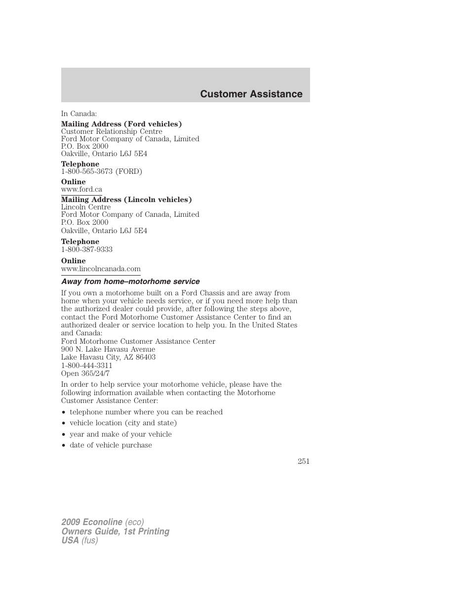 Away from home–motorhome service, Customer assistance | FORD 2009 E-450 v.1 User Manual | Page 251 / 321