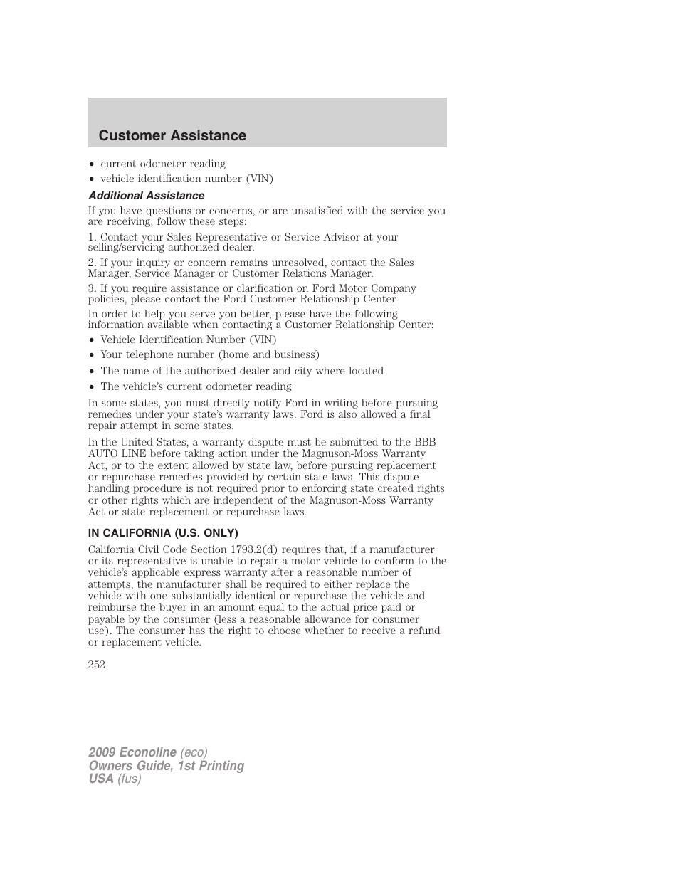 Additional assistance, In california (u.s. only), Customer assistance | FORD 2009 E-450 v.1 User Manual | Page 252 / 321