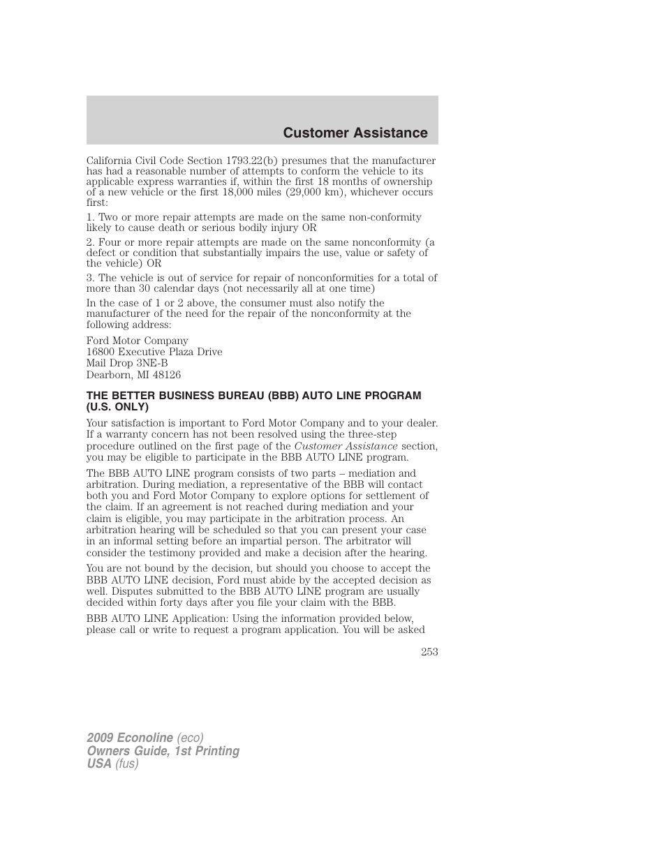 Customer assistance | FORD 2009 E-450 v.1 User Manual | Page 253 / 321