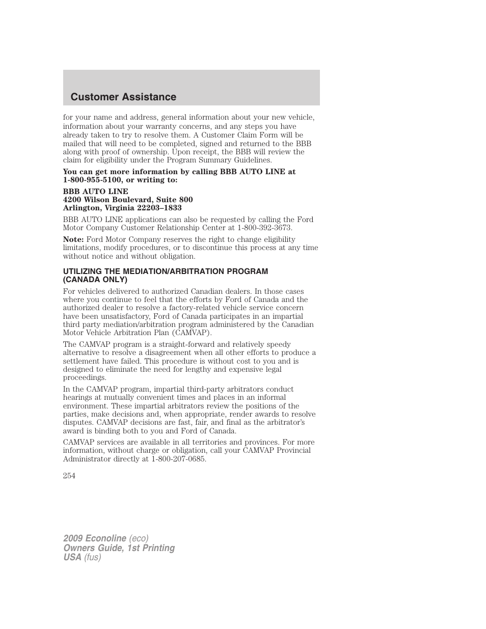 Customer assistance | FORD 2009 E-450 v.1 User Manual | Page 254 / 321