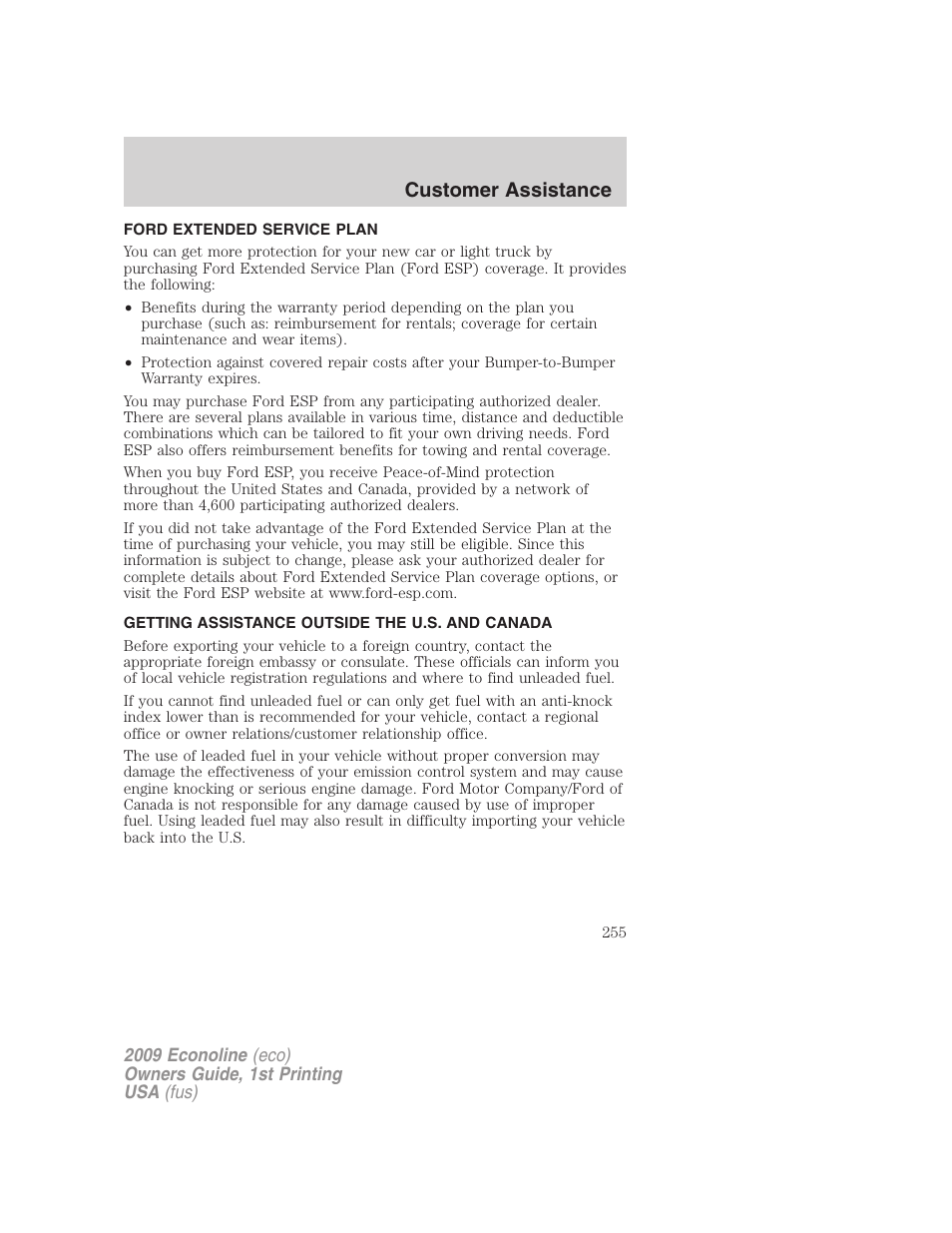 Ford extended service plan, Getting assistance outside the u.s. and canada, Customer assistance | FORD 2009 E-450 v.1 User Manual | Page 255 / 321