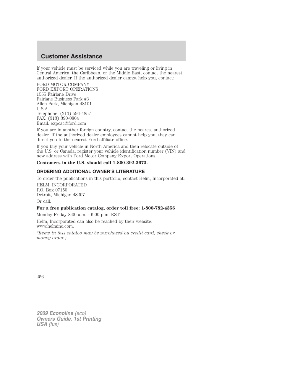 Ordering additional owner’s literature, Customer assistance | FORD 2009 E-450 v.1 User Manual | Page 256 / 321