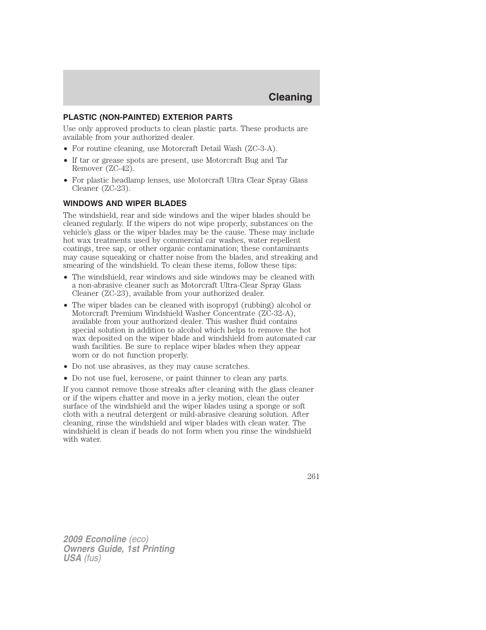 Plastic (non-painted) exterior parts, Windows and wiper blades, Cleaning | FORD 2009 E-450 v.1 User Manual | Page 261 / 321