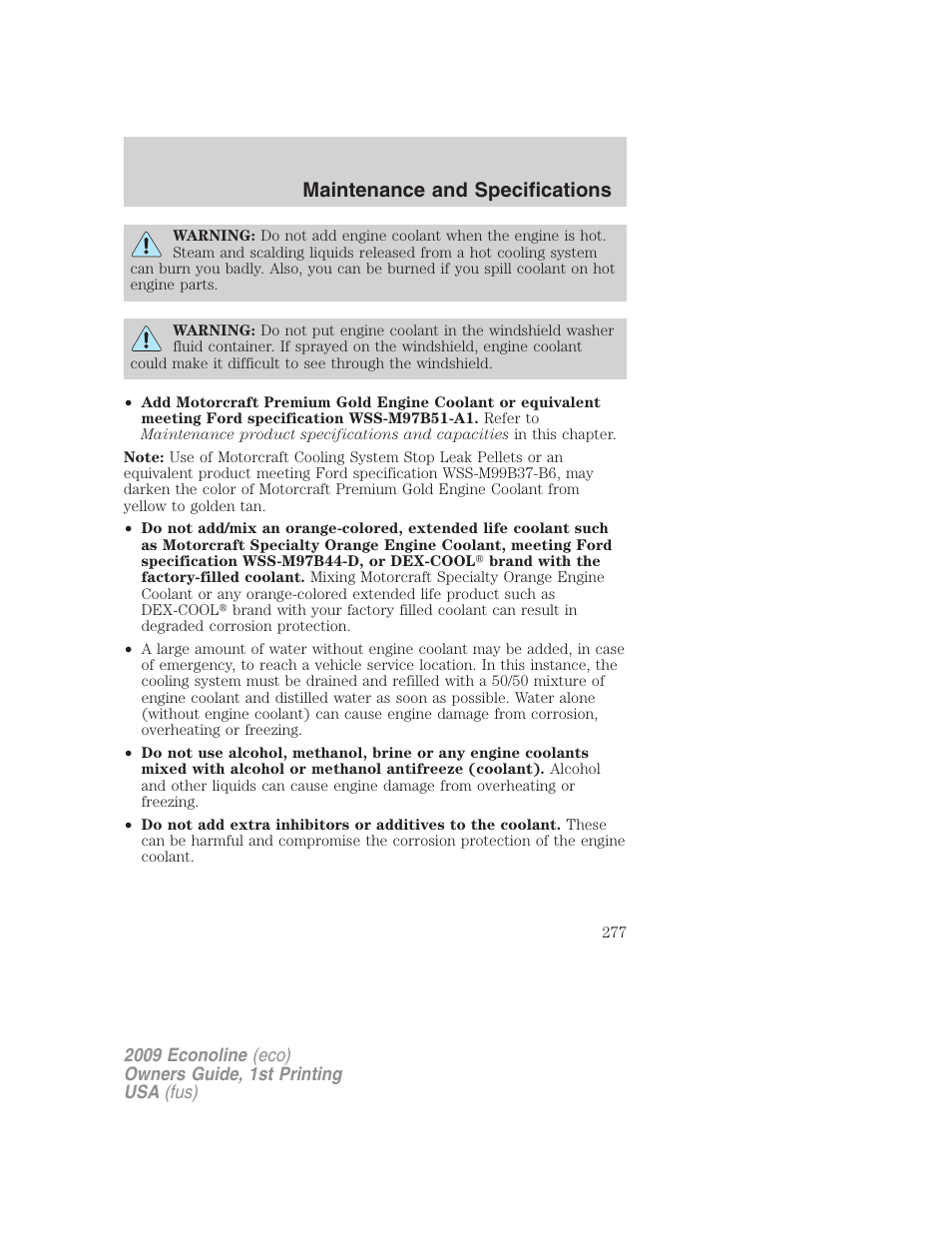Maintenance and specifications | FORD 2009 E-450 v.1 User Manual | Page 277 / 321