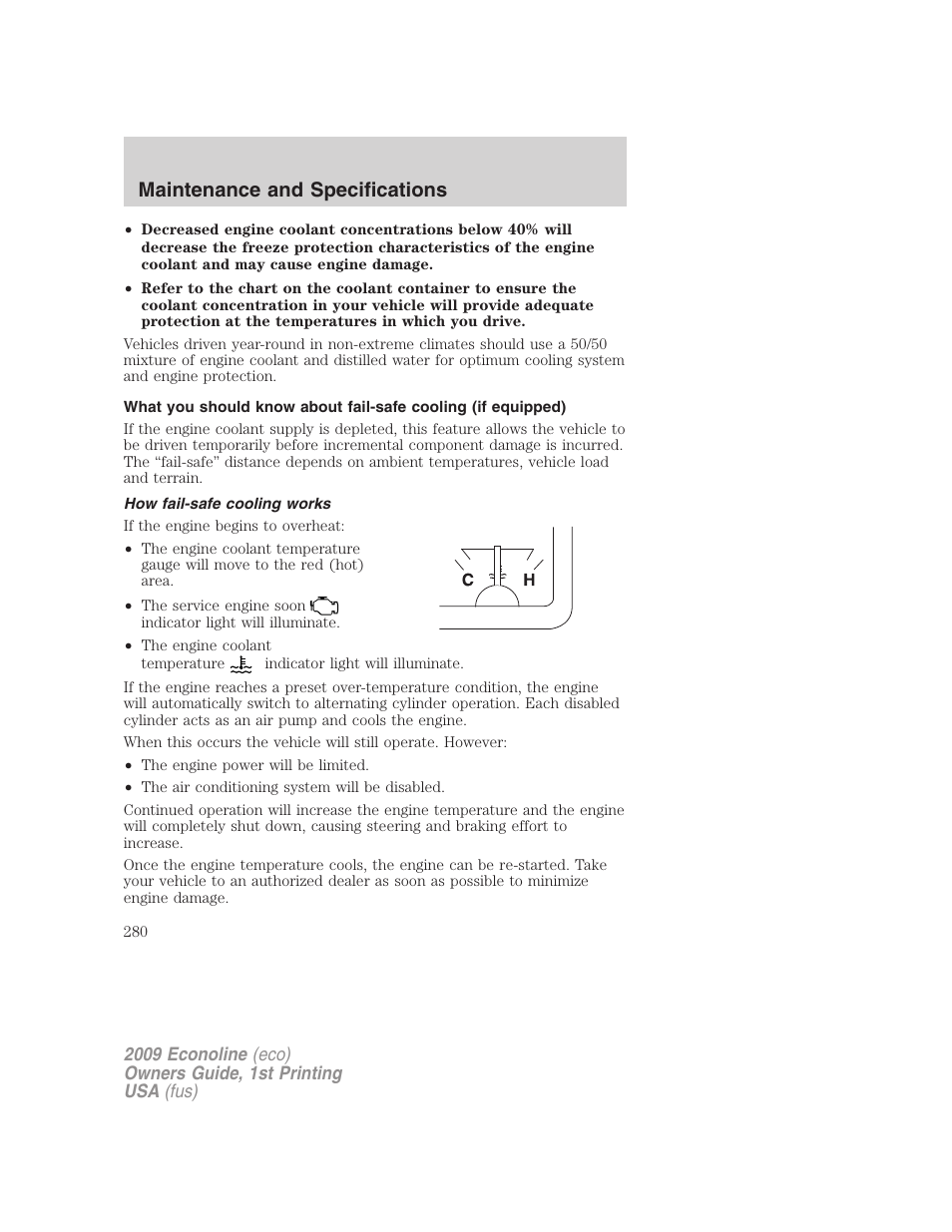 How fail-safe cooling works, Maintenance and specifications | FORD 2009 E-450 v.1 User Manual | Page 280 / 321