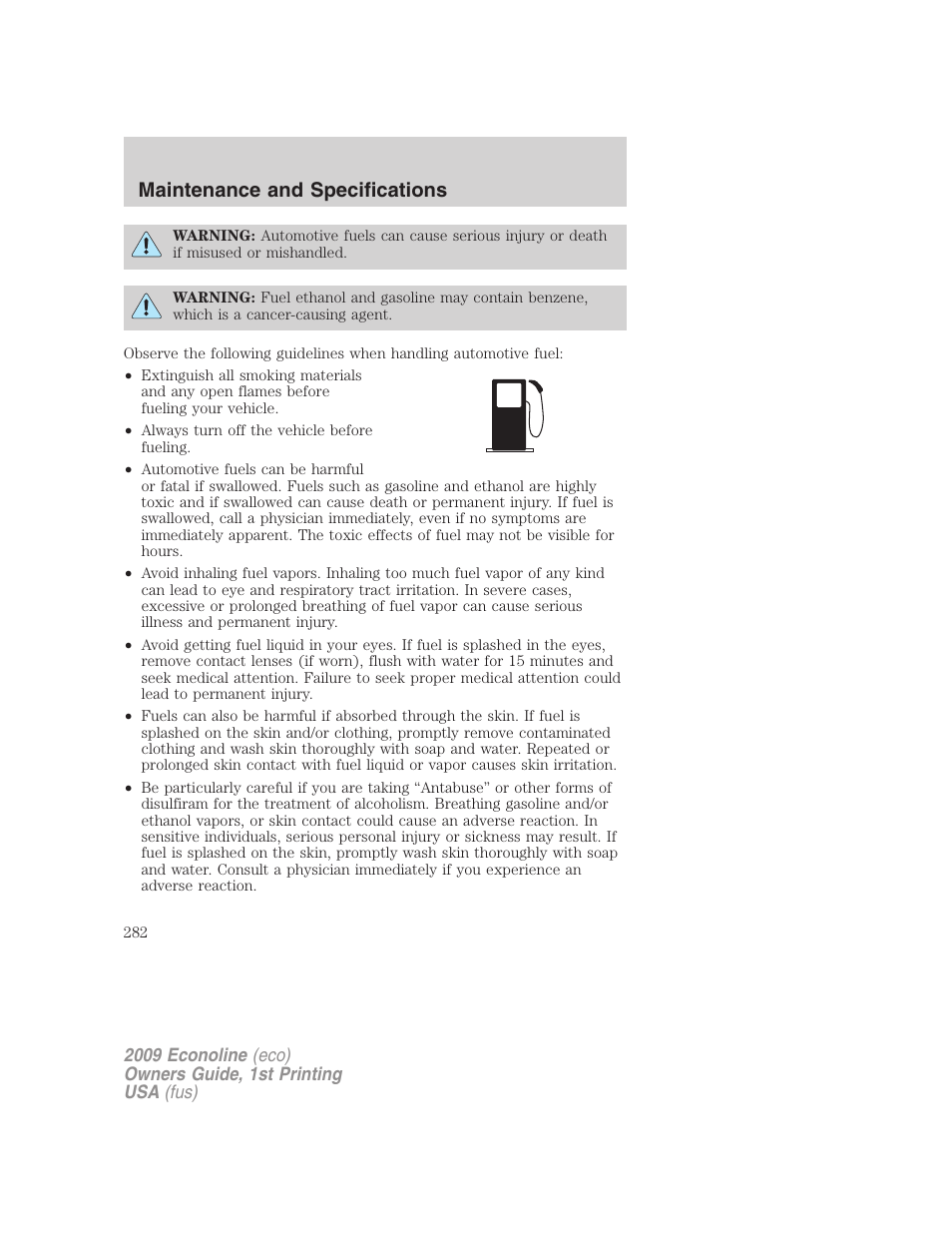 Maintenance and specifications | FORD 2009 E-450 v.1 User Manual | Page 282 / 321