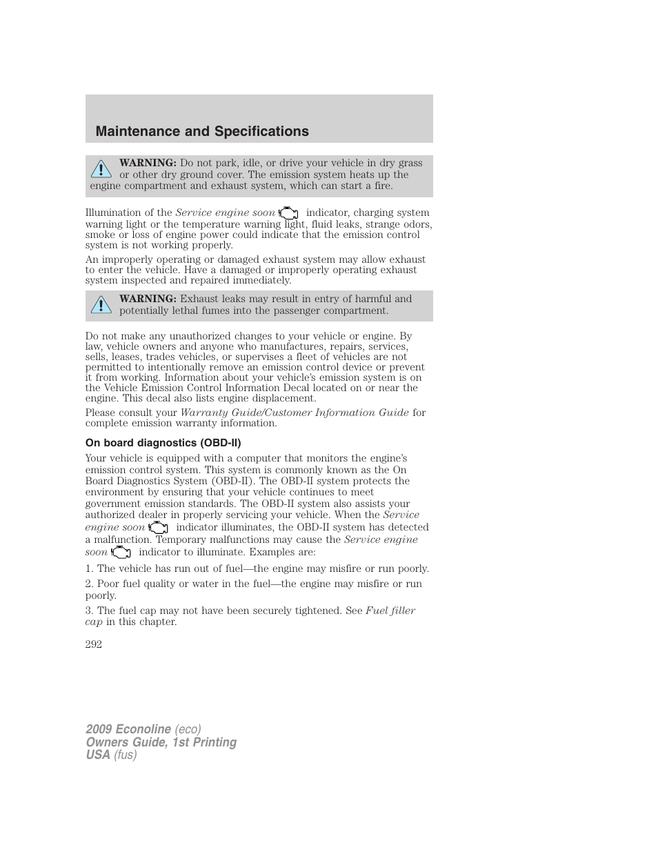 On board diagnostics (obd-ii), Maintenance and specifications | FORD 2009 E-450 v.1 User Manual | Page 292 / 321