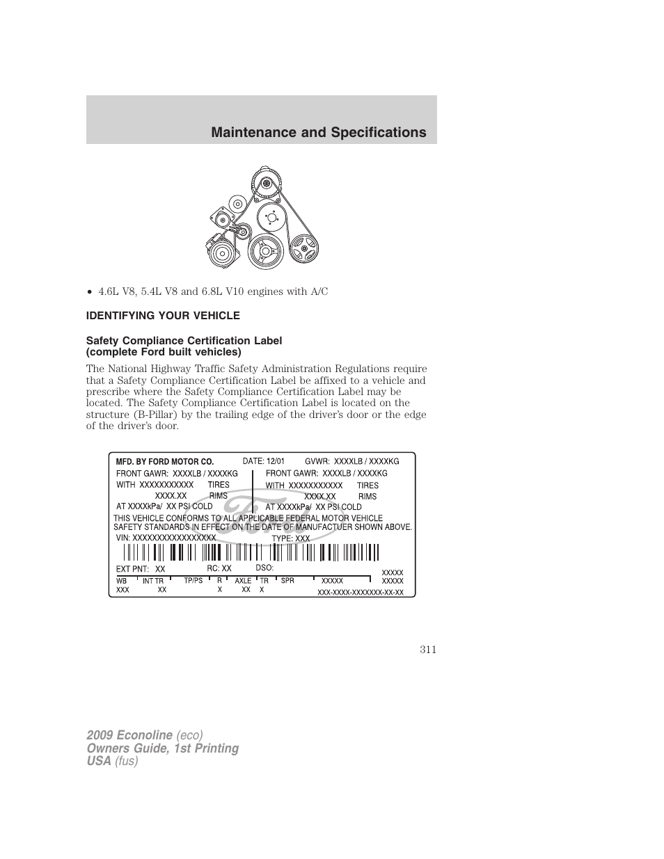 Identifying your vehicle, Maintenance and specifications | FORD 2009 E-450 v.1 User Manual | Page 311 / 321