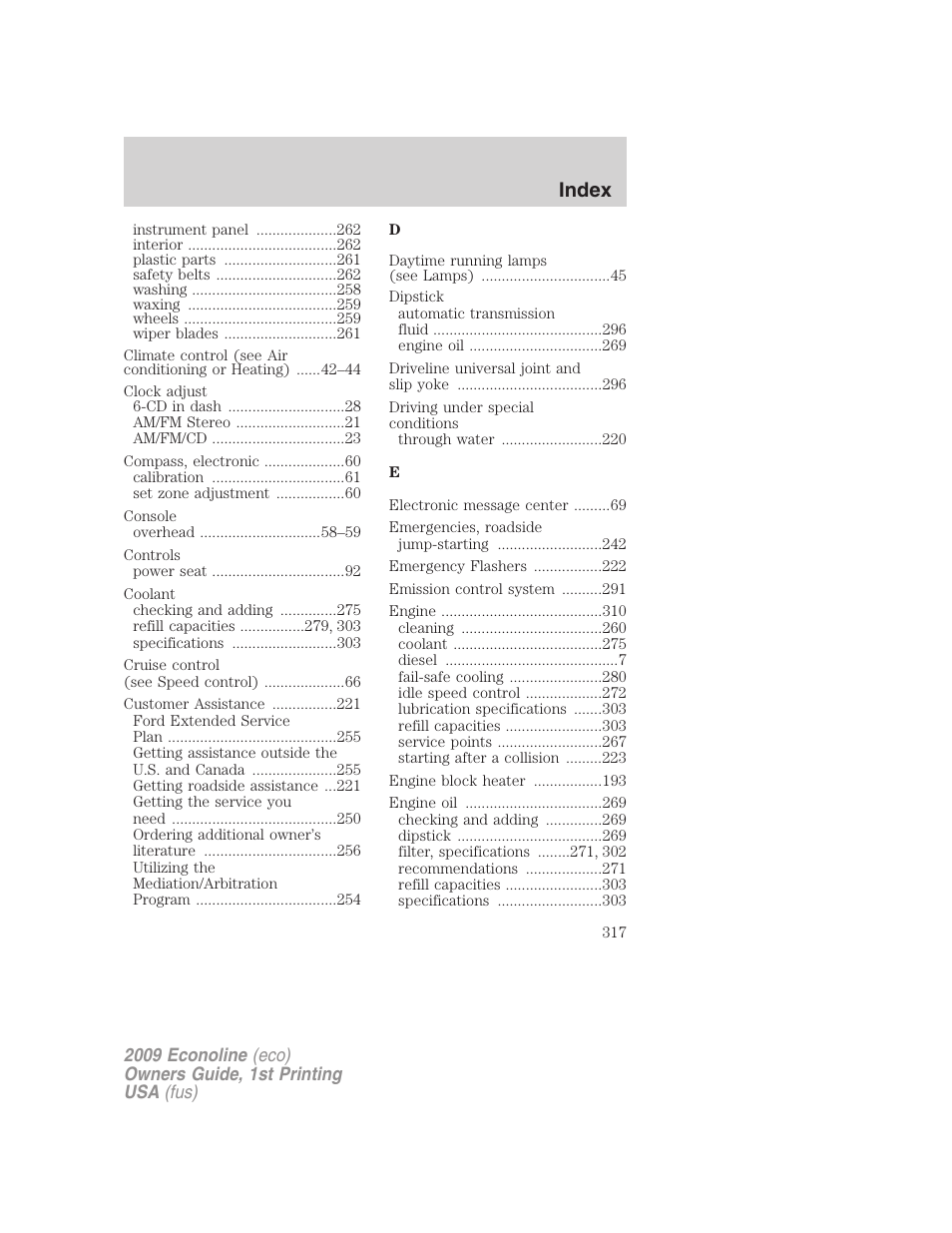 Index | FORD 2009 E-450 v.1 User Manual | Page 317 / 321