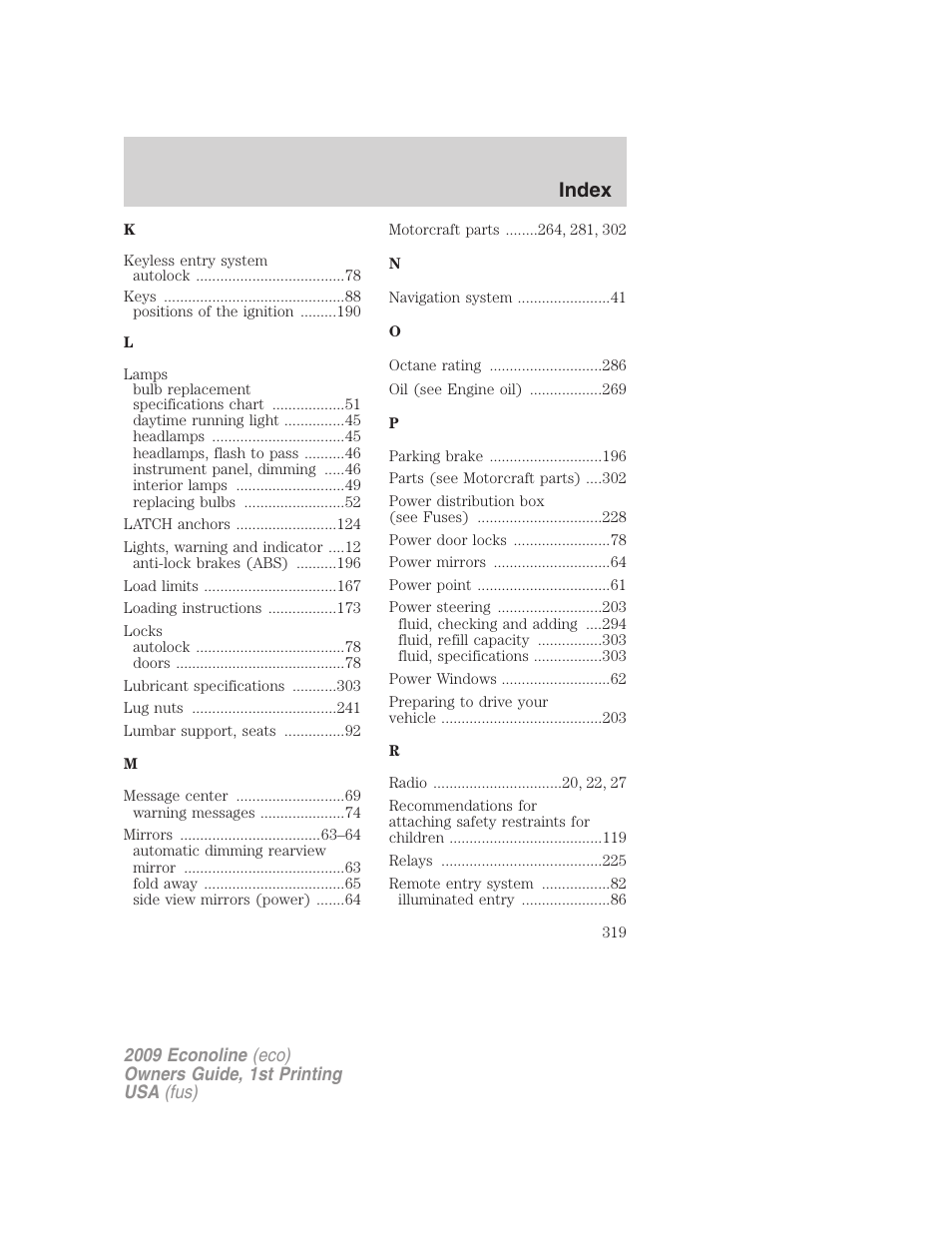 Index | FORD 2009 E-450 v.1 User Manual | Page 319 / 321