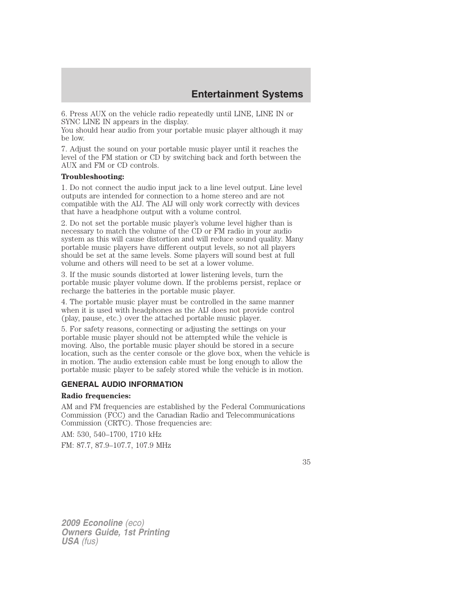 General audio information, Entertainment systems | FORD 2009 E-450 v.1 User Manual | Page 35 / 321