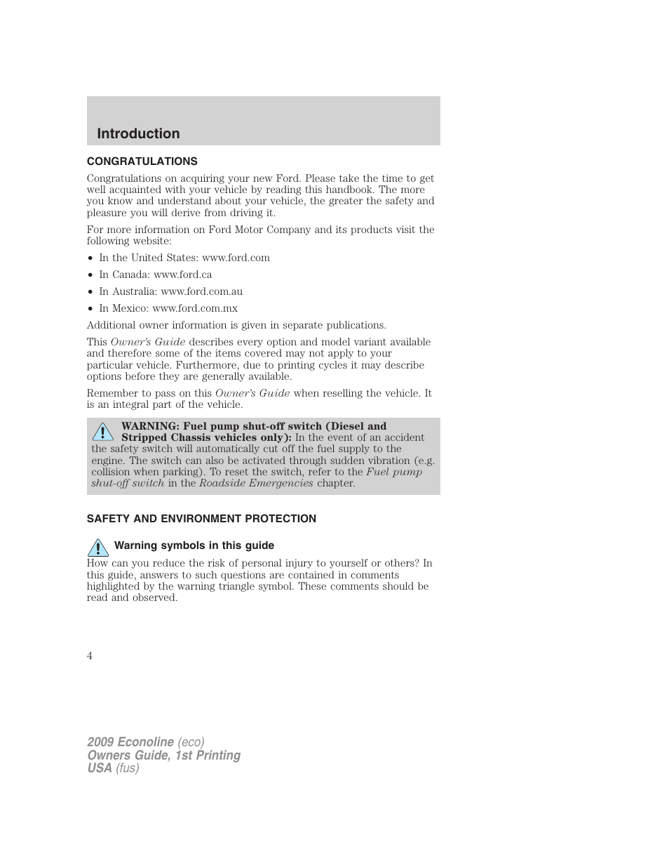 Introduction, Congratulations, Safety and environment protection | Warning symbols in this guide | FORD 2009 E-450 v.1 User Manual | Page 4 / 321