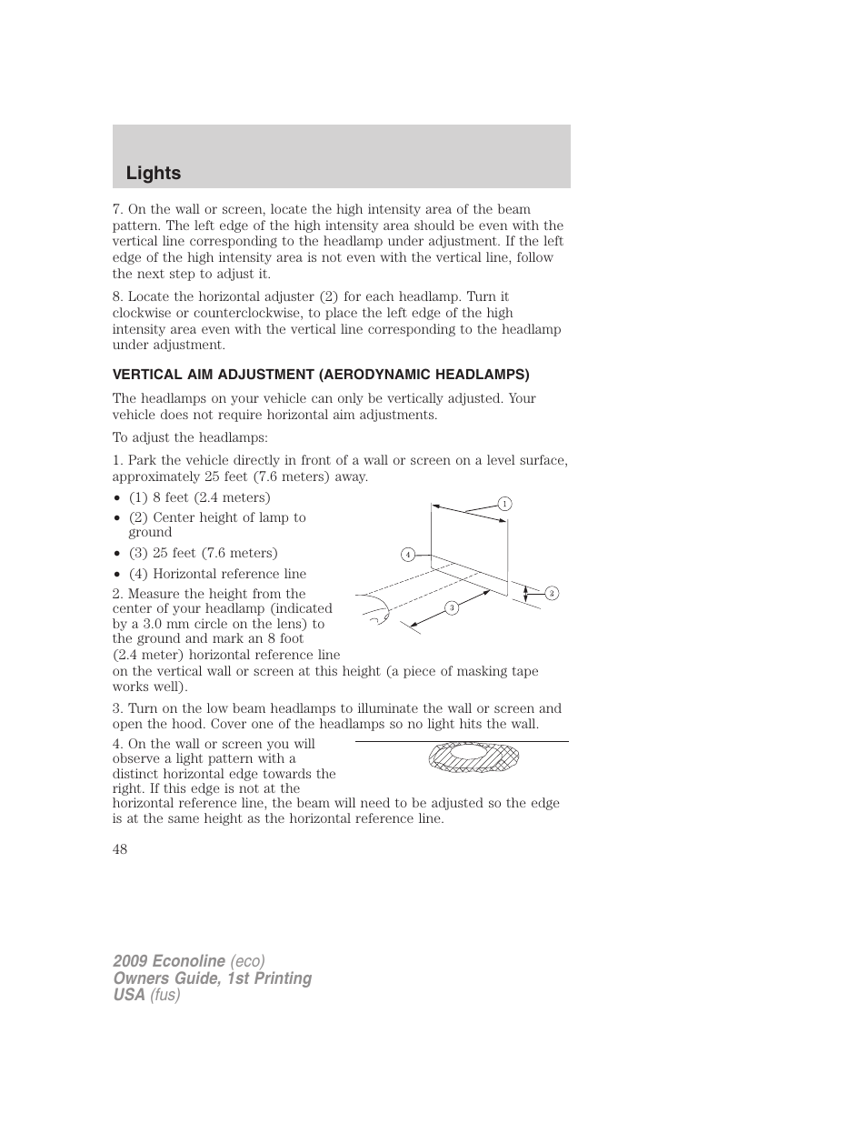 Vertical aim adjustment (aerodynamic headlamps), Lights | FORD 2009 E-450 v.1 User Manual | Page 48 / 321