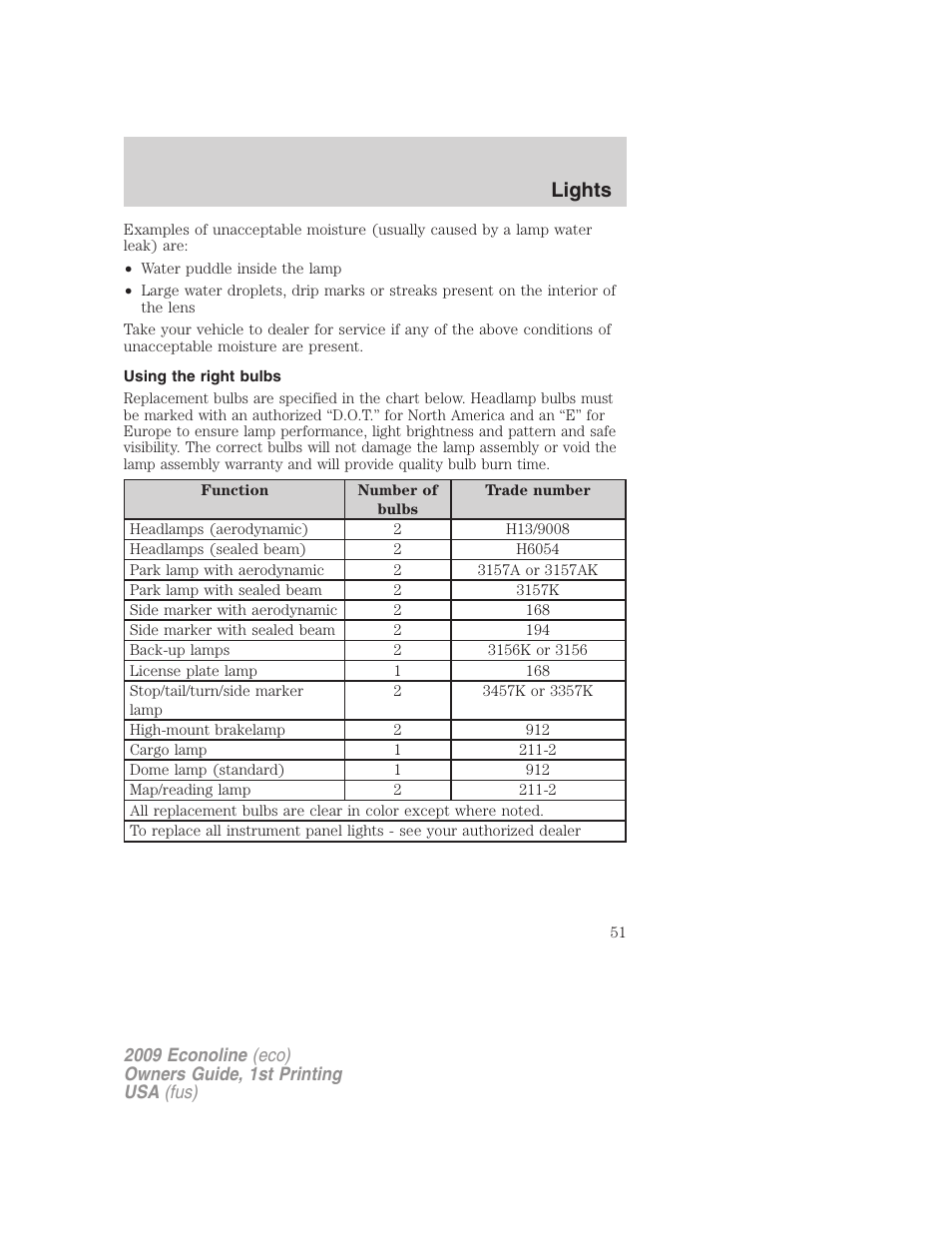 Using the right bulbs, Lights | FORD 2009 E-450 v.1 User Manual | Page 51 / 321