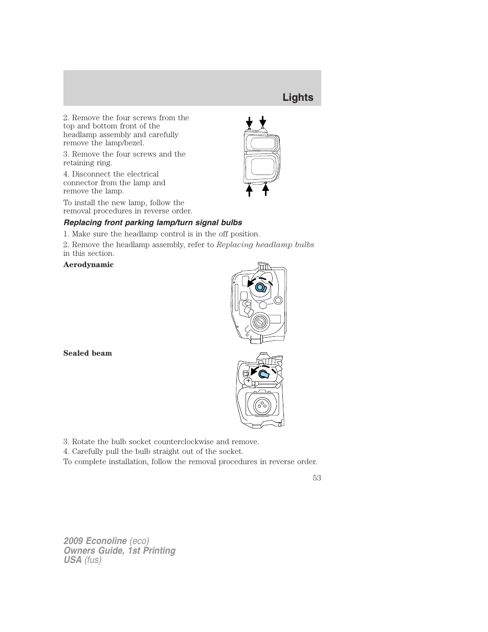 Replacing front parking lamp/turn signal bulbs, Lights | FORD 2009 E-450 v.1 User Manual | Page 53 / 321