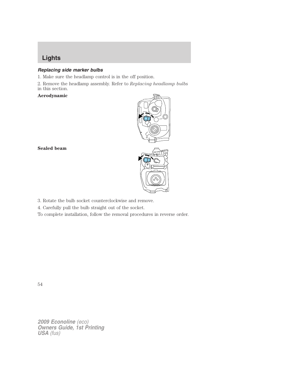 Replacing side marker bulbs, Lights | FORD 2009 E-450 v.1 User Manual | Page 54 / 321