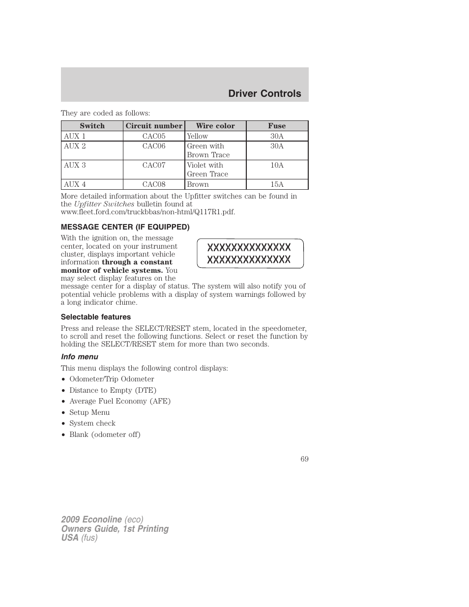 Message center (if equipped), Selectable features, Info menu | Message center, Driver controls | FORD 2009 E-450 v.1 User Manual | Page 69 / 321