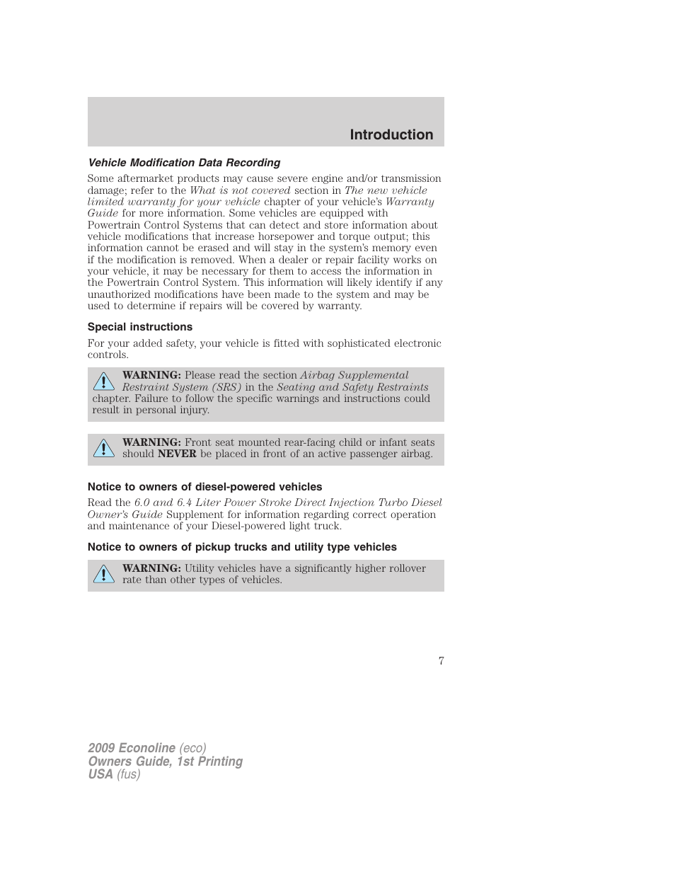 Vehicle modification data recording, Special instructions, Notice to owners of diesel-powered vehicles | Introduction | FORD 2009 E-450 v.1 User Manual | Page 7 / 321