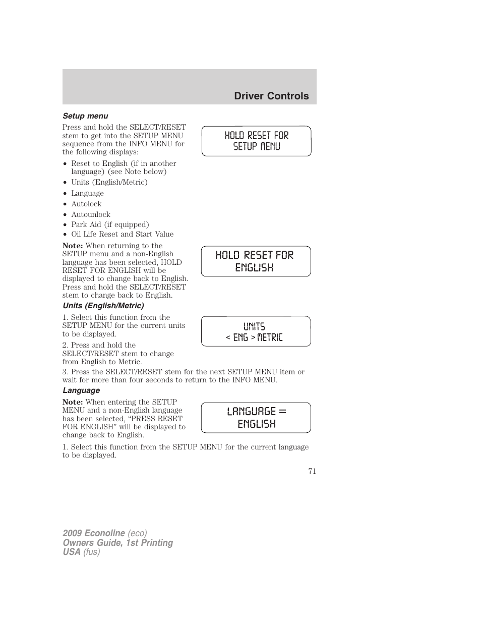 Setup menu, Units (english/metric), Language | Driver controls | FORD 2009 E-450 v.1 User Manual | Page 71 / 321