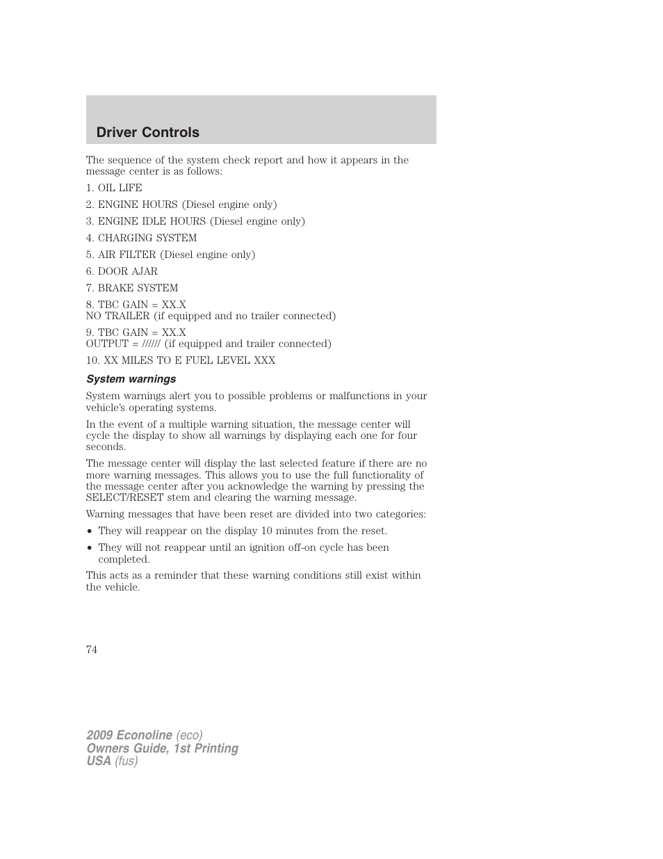 System warnings, Driver controls | FORD 2009 E-450 v.1 User Manual | Page 74 / 321