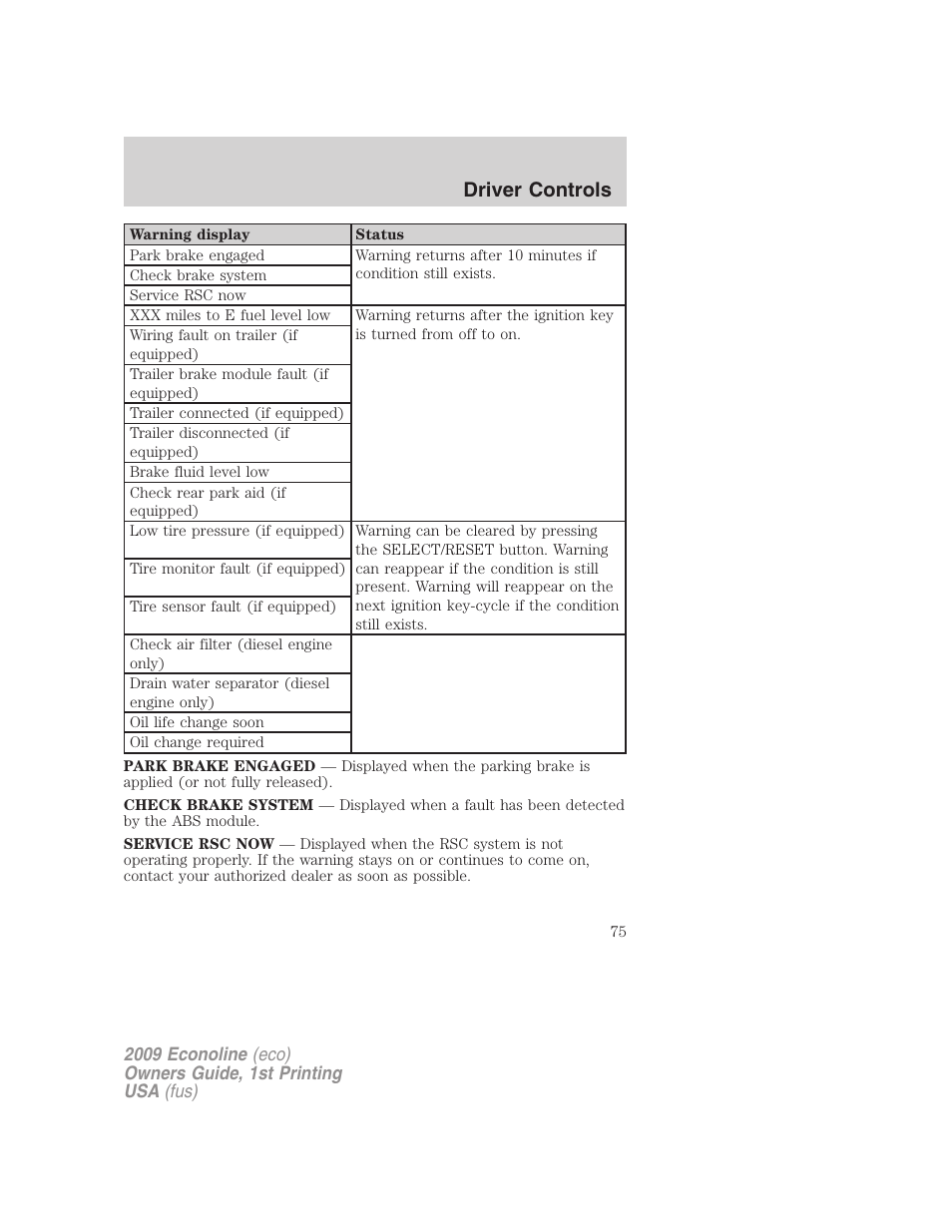 Driver controls | FORD 2009 E-450 v.1 User Manual | Page 75 / 321