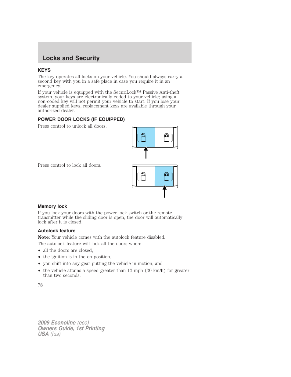 Locks and security, Keys, Power door locks (if equipped) | Memory lock, Autolock feature, Locks | FORD 2009 E-450 v.1 User Manual | Page 78 / 321