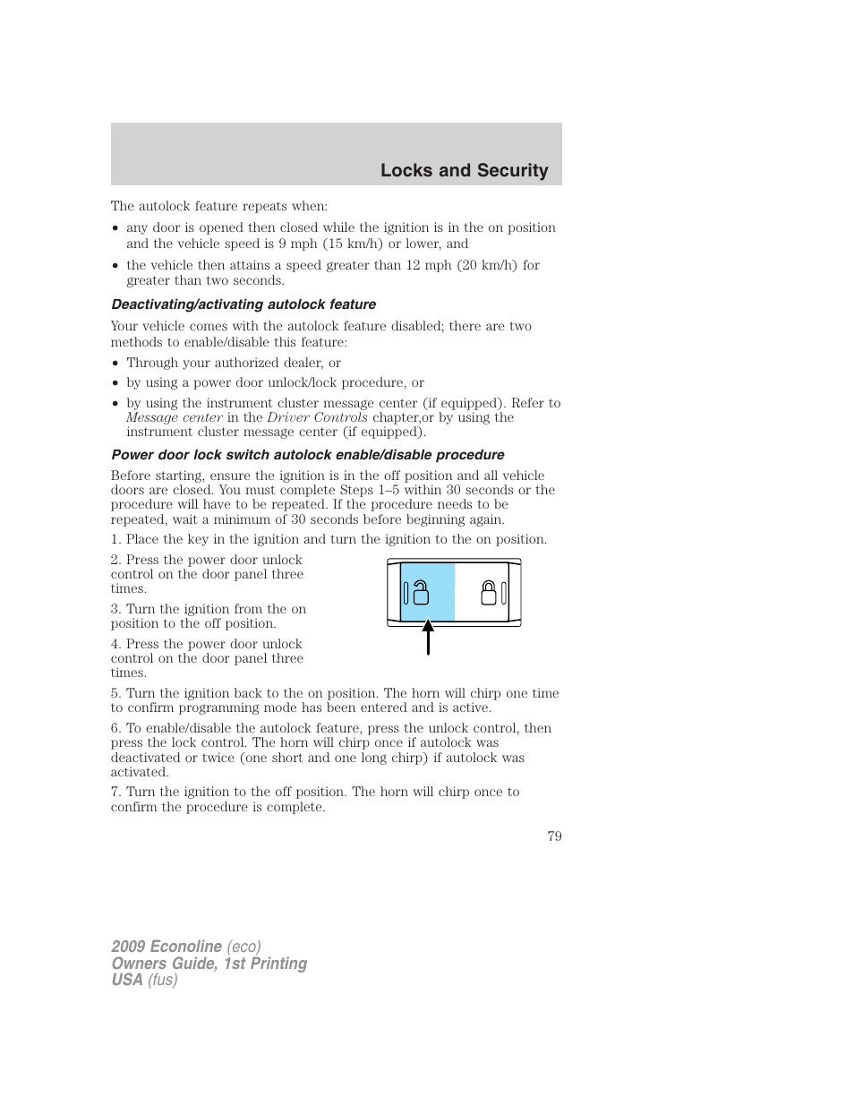 Deactivating/activating autolock feature, Locks and security | FORD 2009 E-450 v.1 User Manual | Page 79 / 321