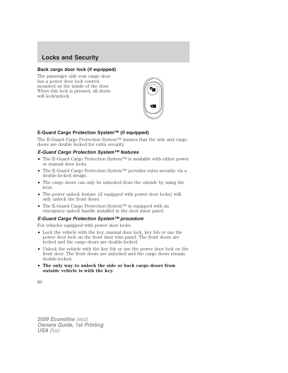 Back cargo door lock (if equipped), E-guard cargo protection system™ (if equipped), E-guard cargo protection system™ features | E-guard cargo protection system™ procedure, Locks and security | FORD 2009 E-450 v.1 User Manual | Page 80 / 321