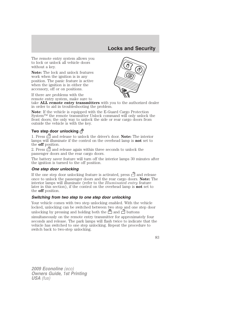 Two step door unlocking, One step door unlocking, Switching from two step to one step door unlocking | Locks and security | FORD 2009 E-450 v.1 User Manual | Page 83 / 321