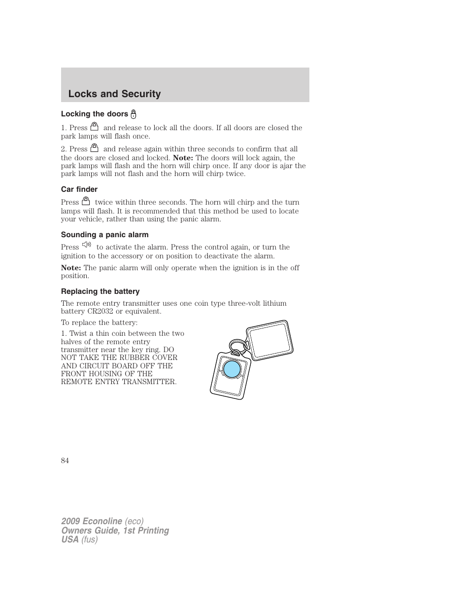 Locking the doors, Car finder, Sounding a panic alarm | Replacing the battery, Locks and security | FORD 2009 E-450 v.1 User Manual | Page 84 / 321