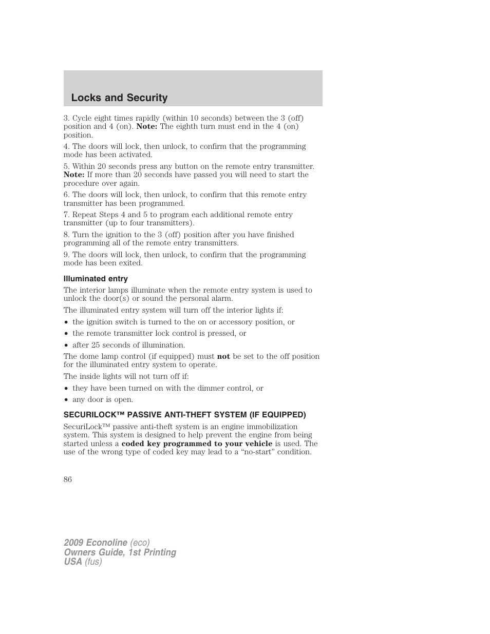 Illuminated entry, Anti-theft system, Locks and security | FORD 2009 E-450 v.1 User Manual | Page 86 / 321