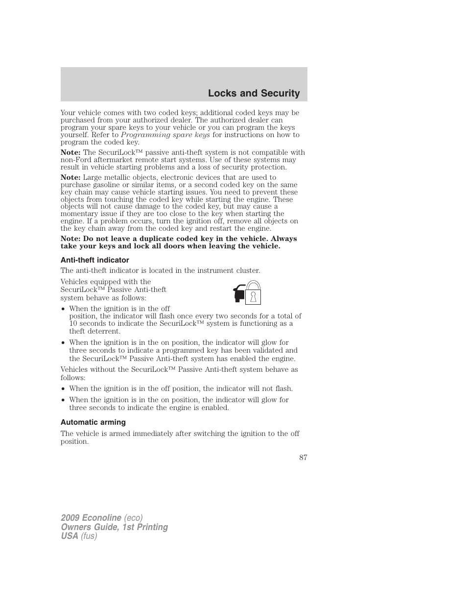 Anti-theft indicator, Automatic arming, Locks and security | FORD 2009 E-450 v.1 User Manual | Page 87 / 321