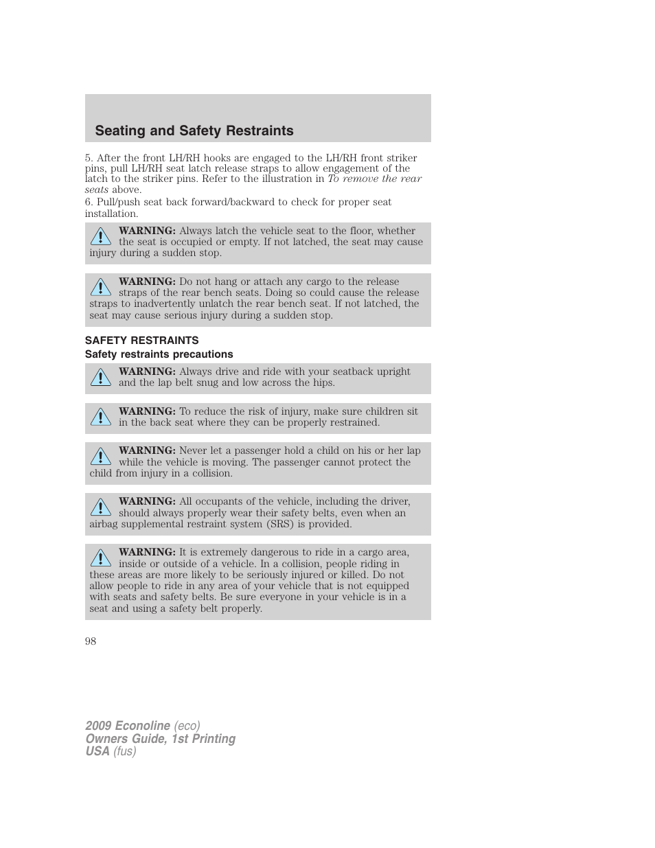 Safety restraints, Safety restraints precautions, Seating and safety restraints | FORD 2009 E-450 v.1 User Manual | Page 98 / 321