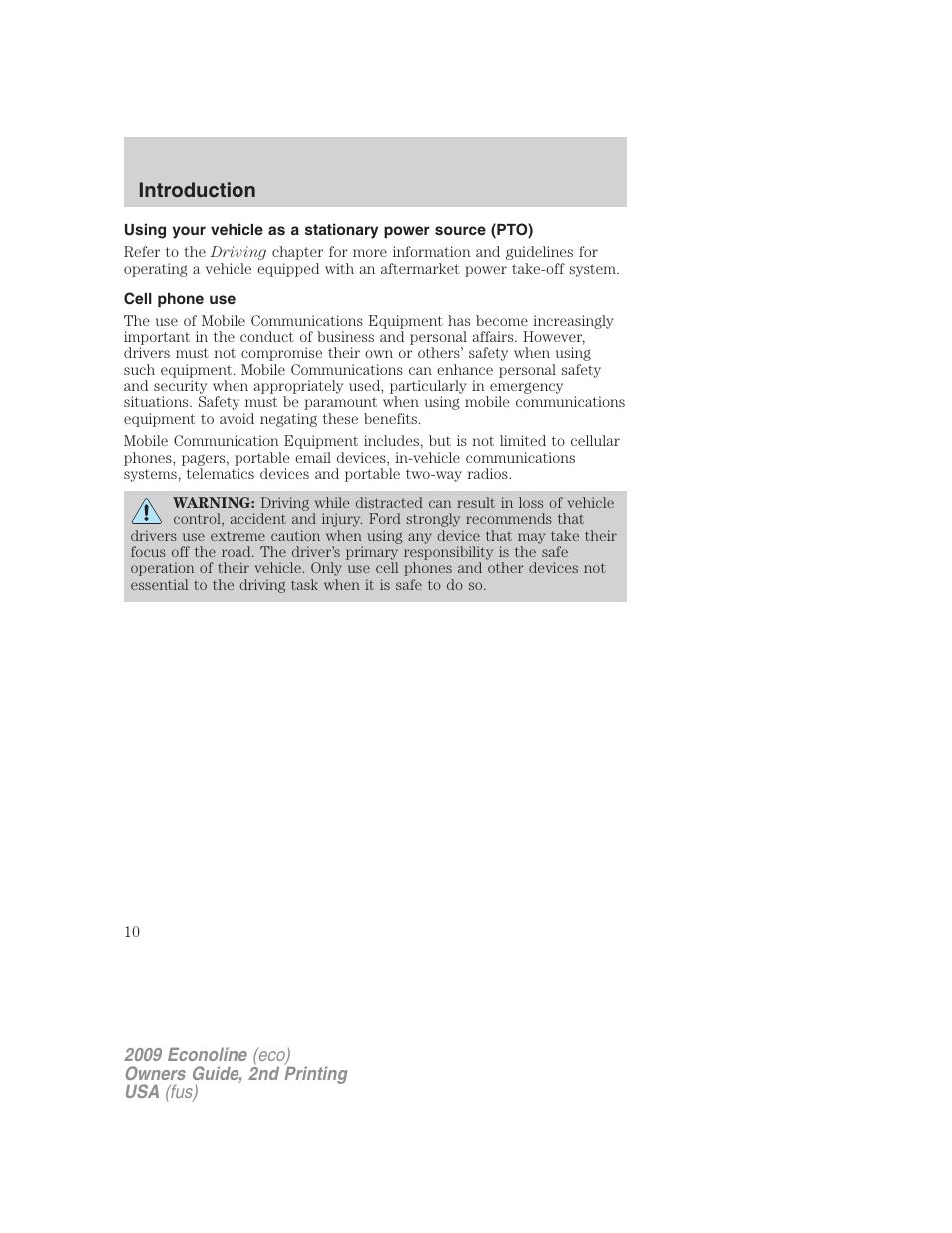 Cell phone use, Introduction | FORD 2009 E-450 v.2 User Manual | Page 10 / 320
