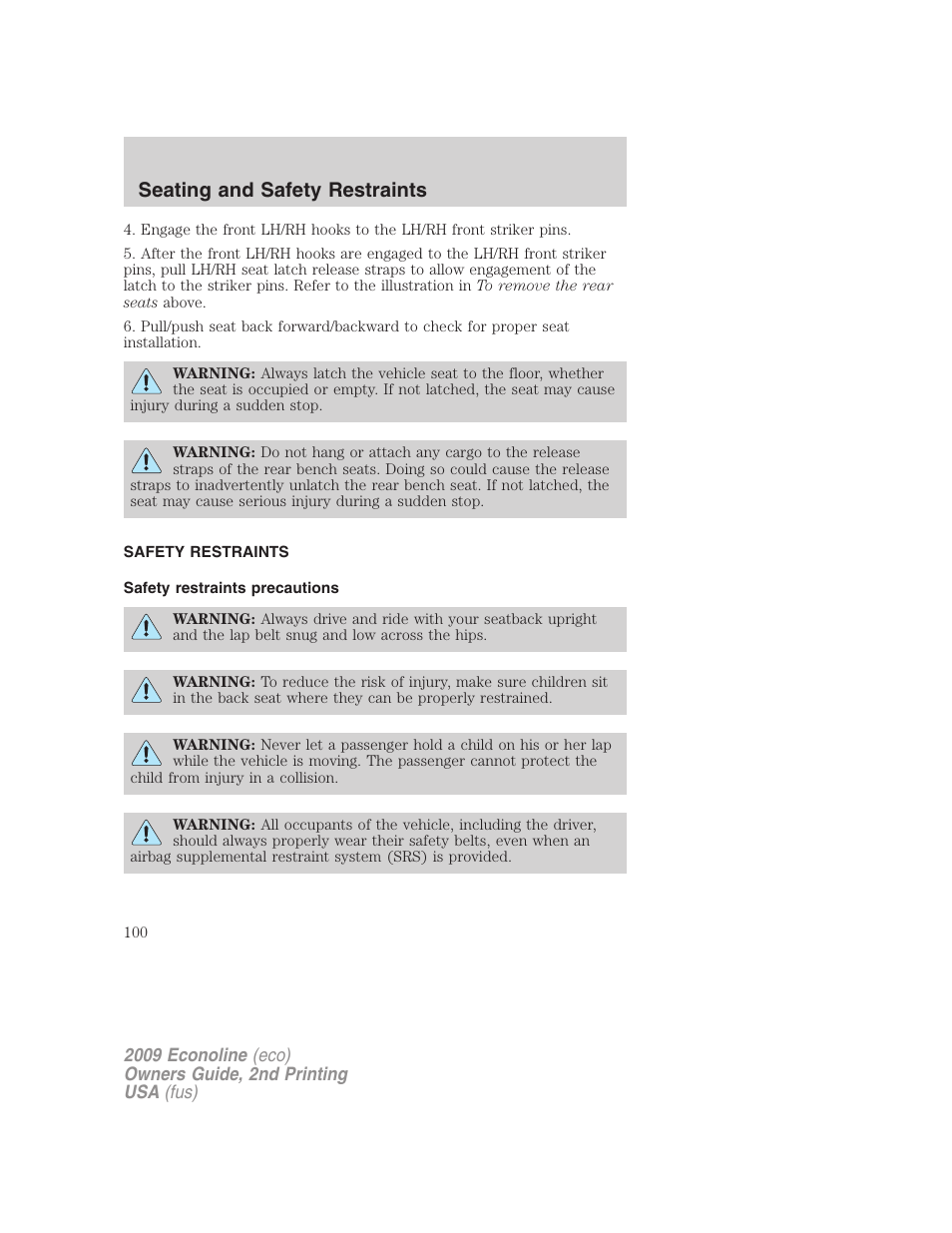 Safety restraints, Safety restraints precautions, Seating and safety restraints | FORD 2009 E-450 v.2 User Manual | Page 100 / 320