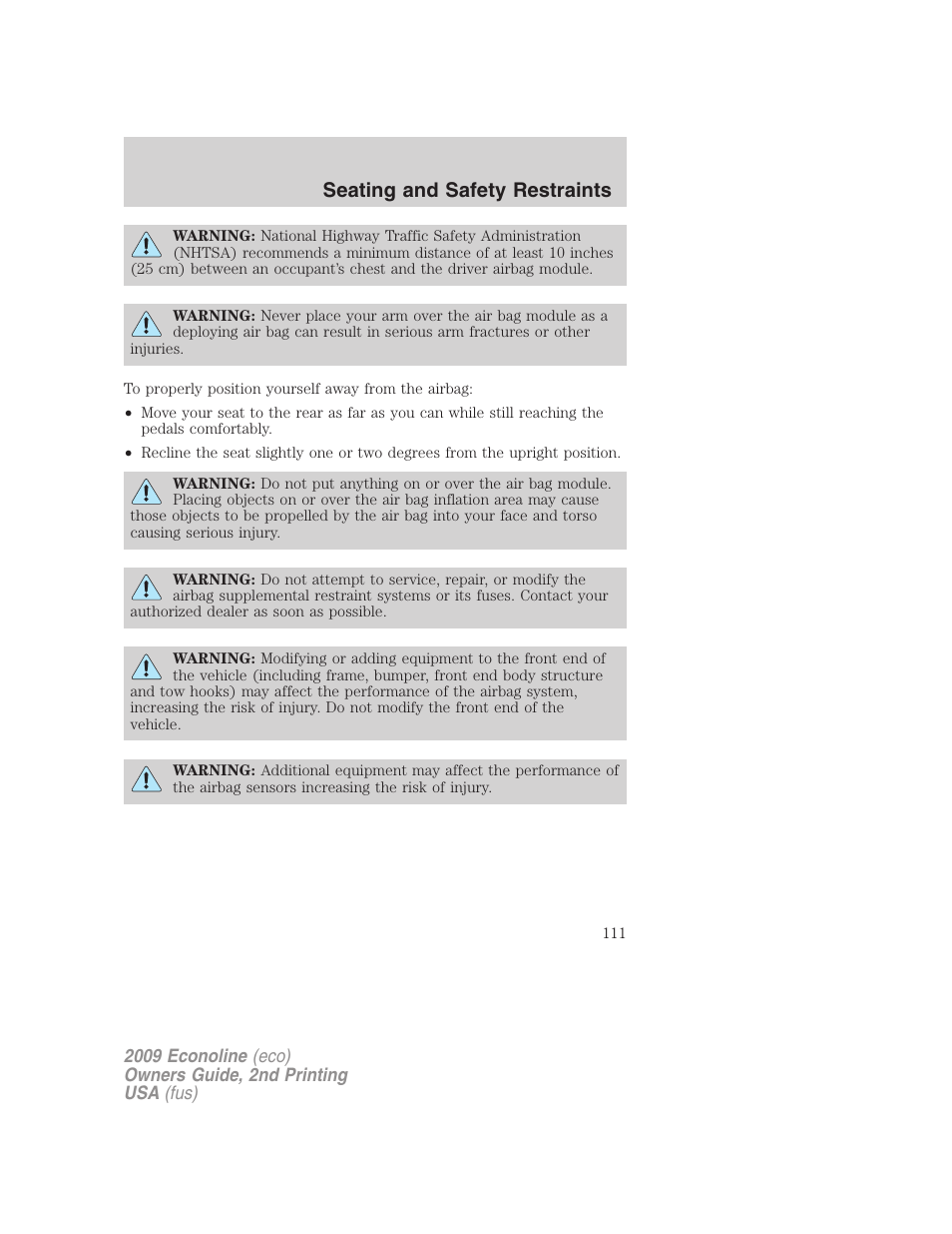 Seating and safety restraints | FORD 2009 E-450 v.2 User Manual | Page 111 / 320